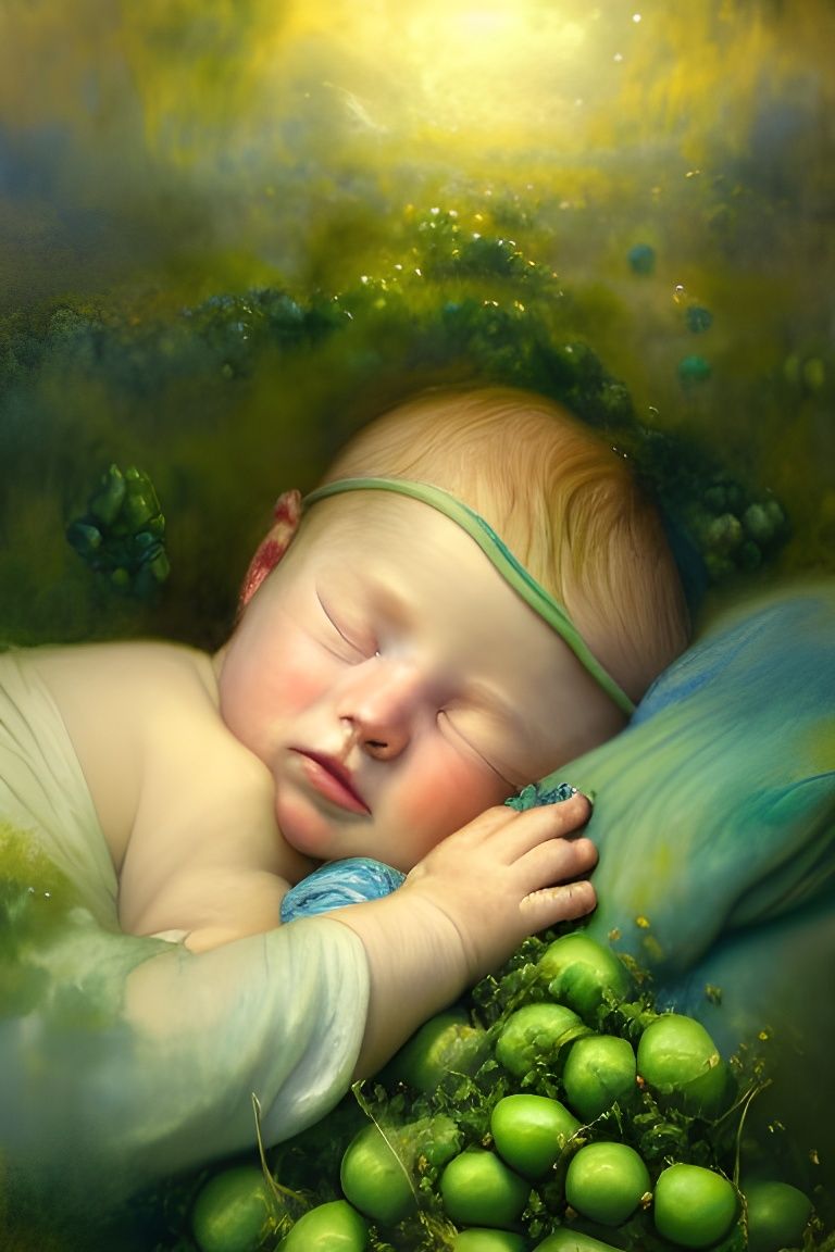 Sleeping Baby in Pea Heaven: Gouache and Watercolour