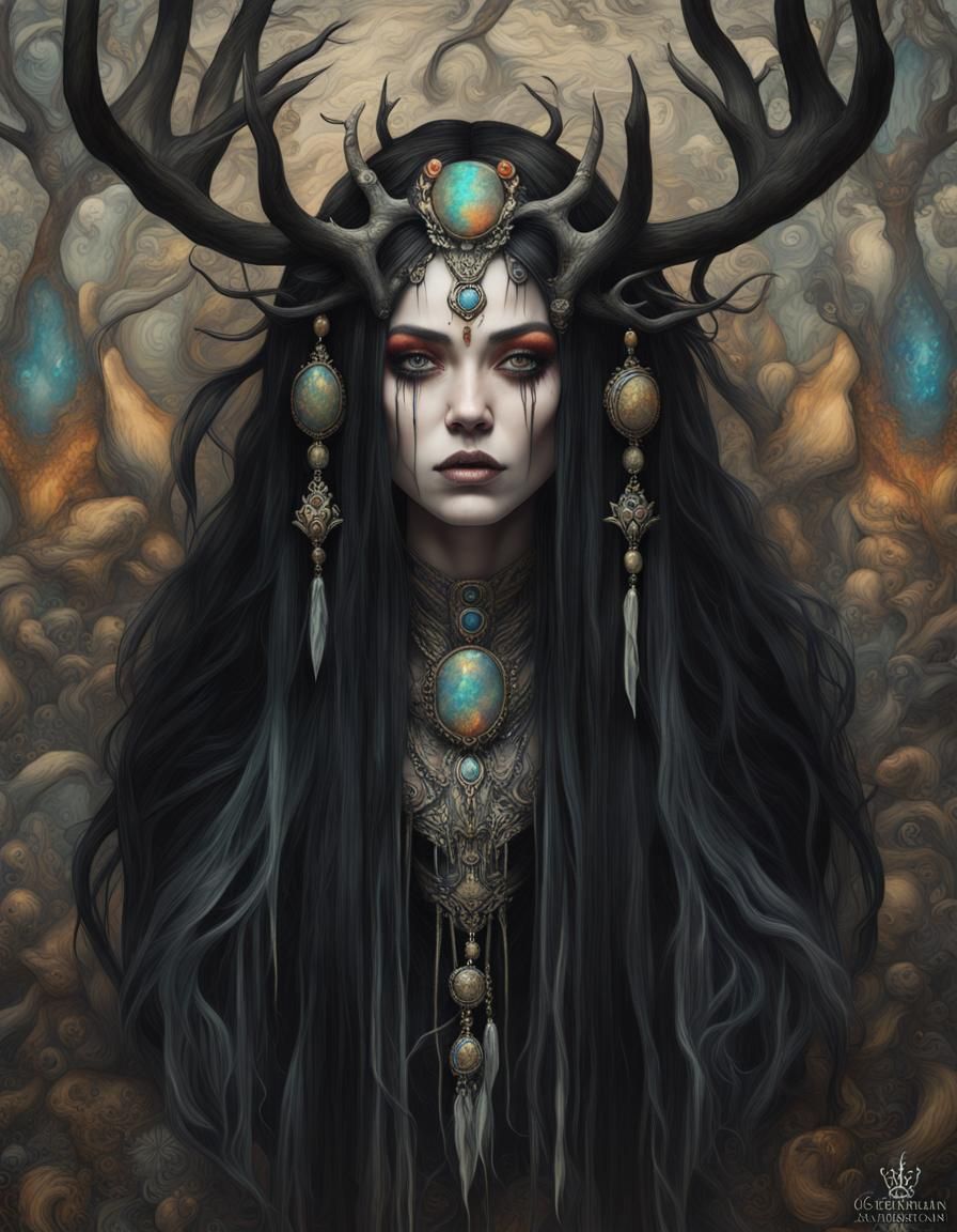 Gothic Shadow Shaman with Antlers and Skulls