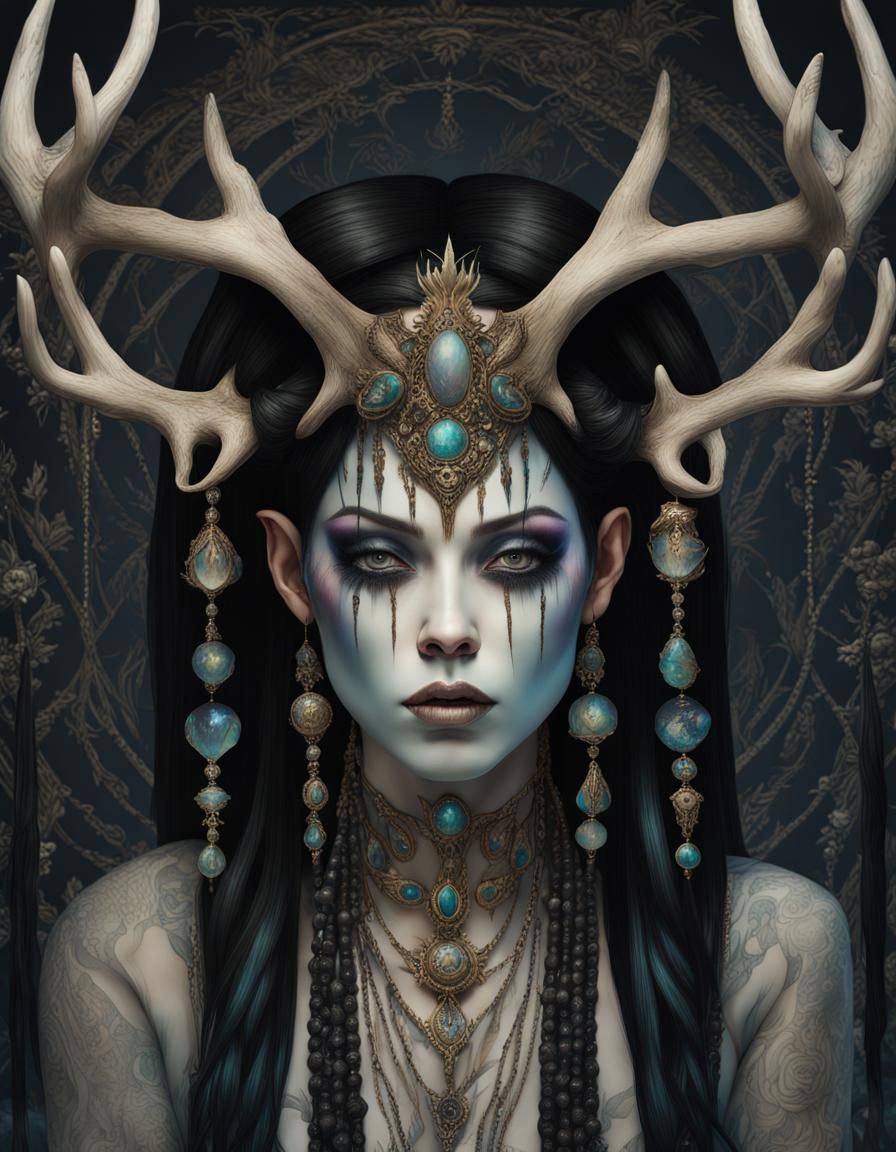 Gothic Shadow Shaman Witch with Rainbow Hair