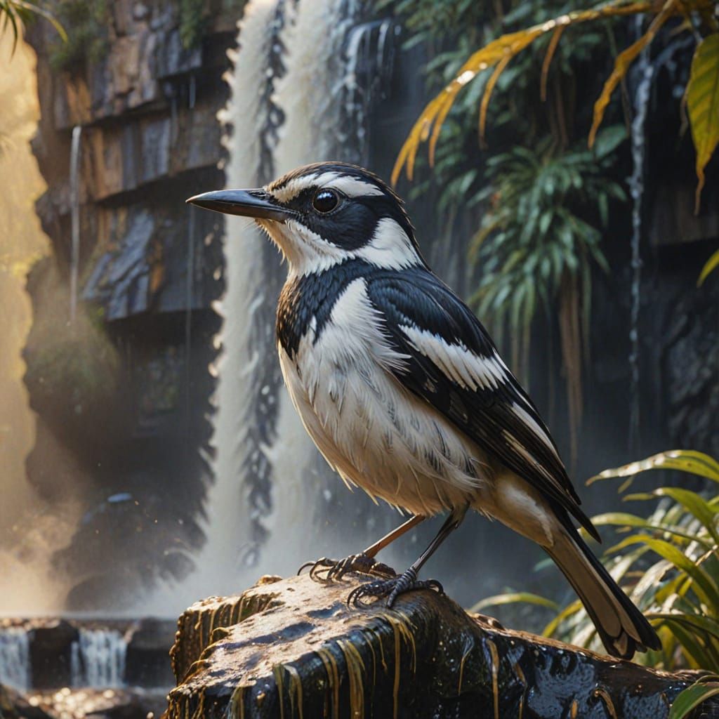 Pied Monarch Bird by Waterfall, Impressionist Gouache