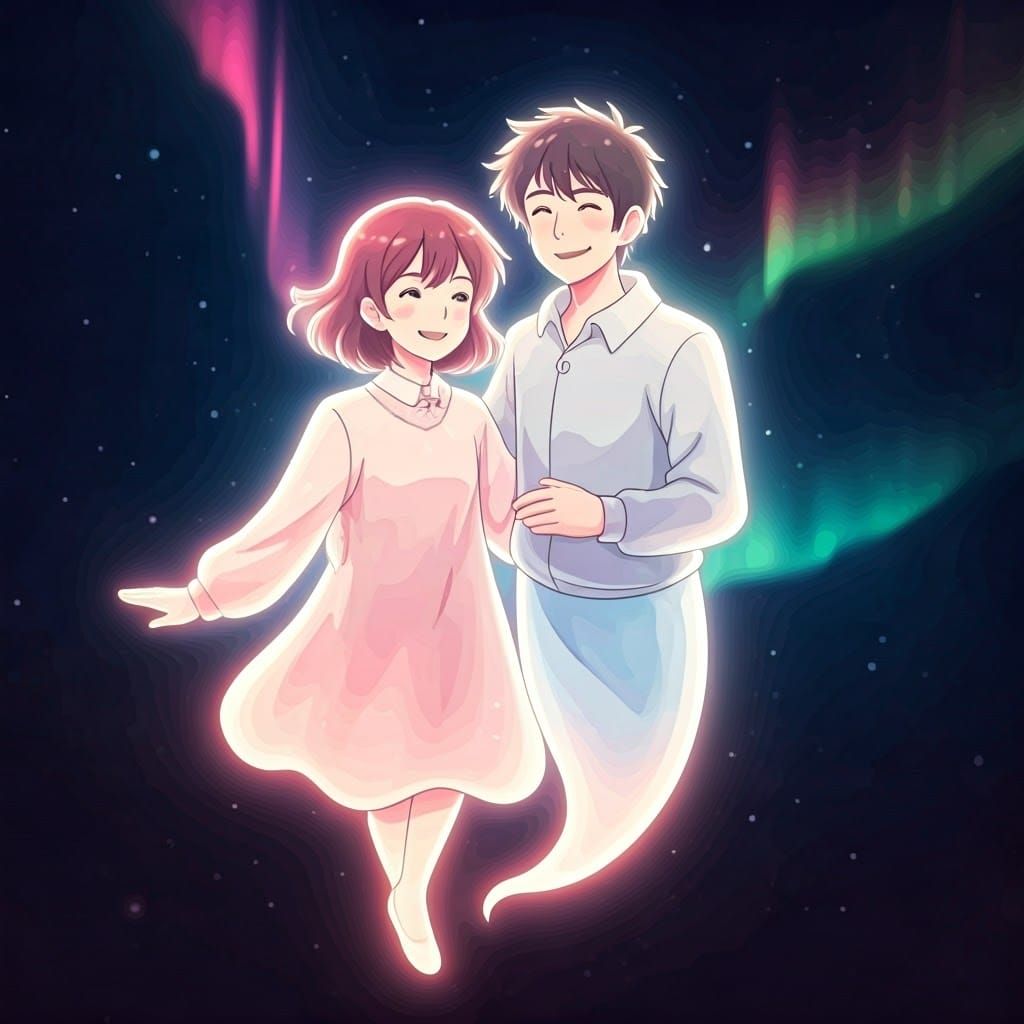 Ethereal Ghostly Friends Dance Amidst Vibrant Aurora
