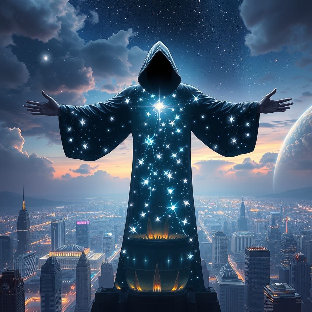 Hooded Star Figure over Futuristic City in Astral Art