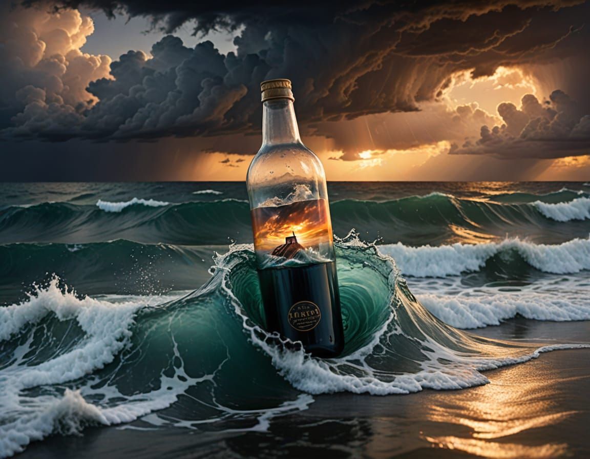 Stormy Ocean in a Bottle Sunset View