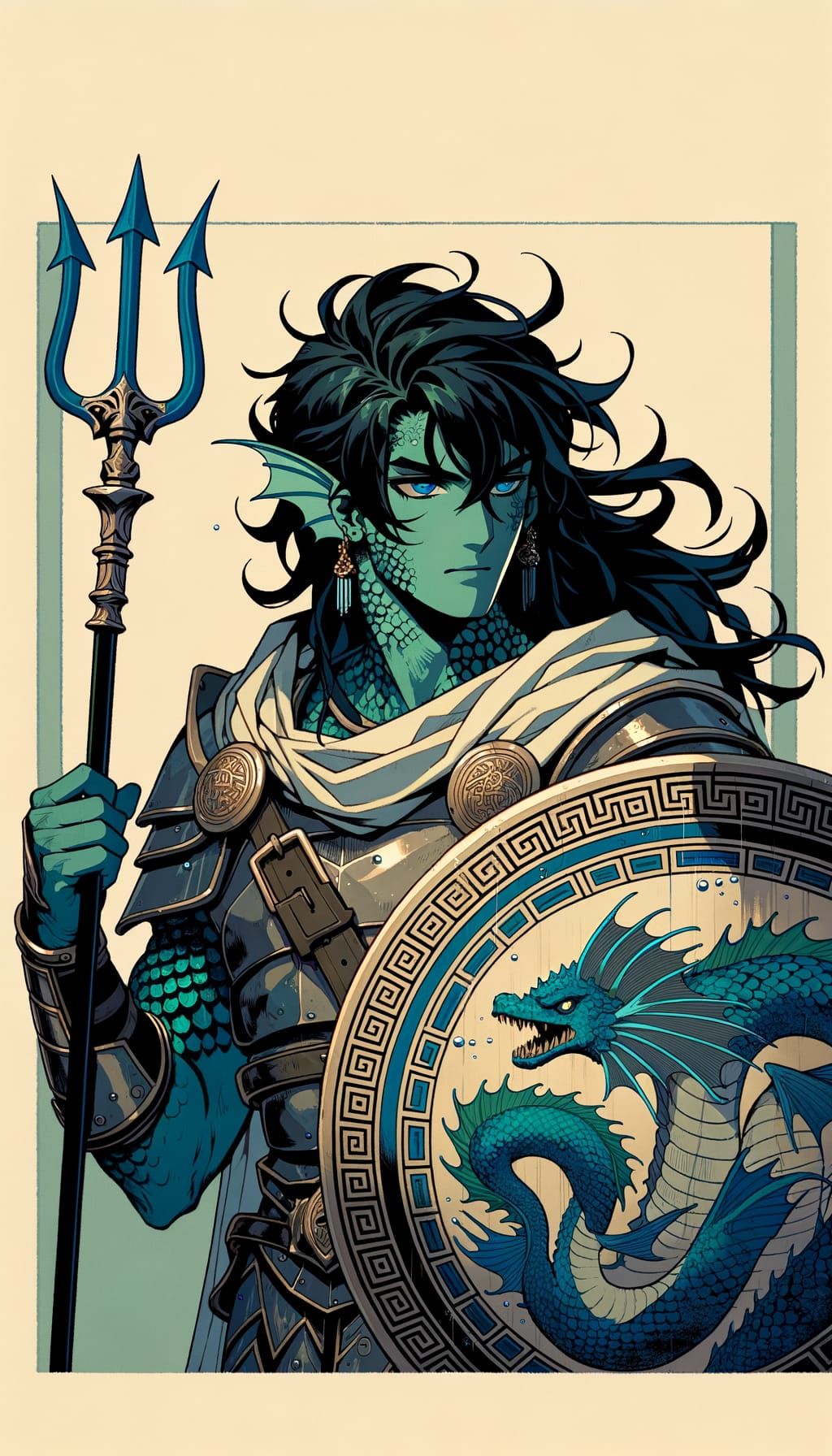 Majestic Triton Warrior in Greek-Hoplite Armor, Shield and T...