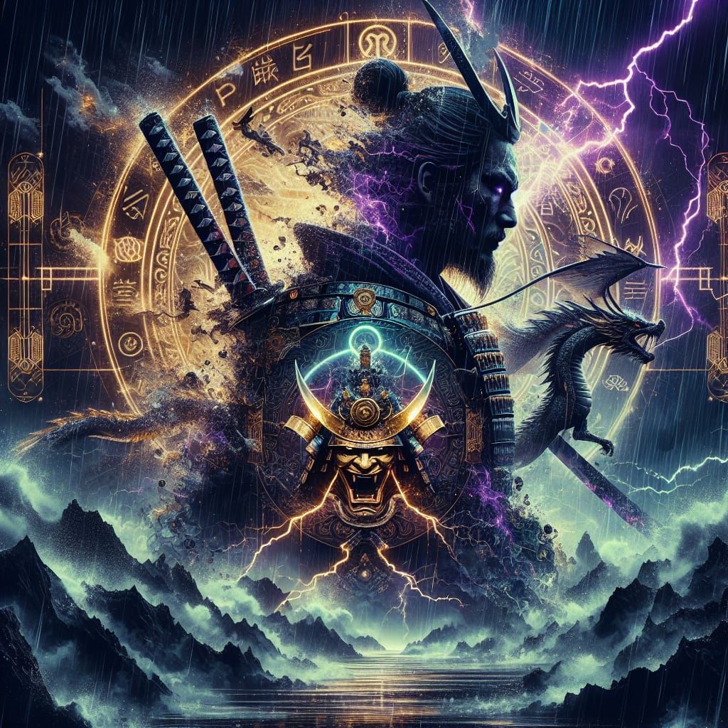 Samurai Warrior with Dragon in Double Exposure Style