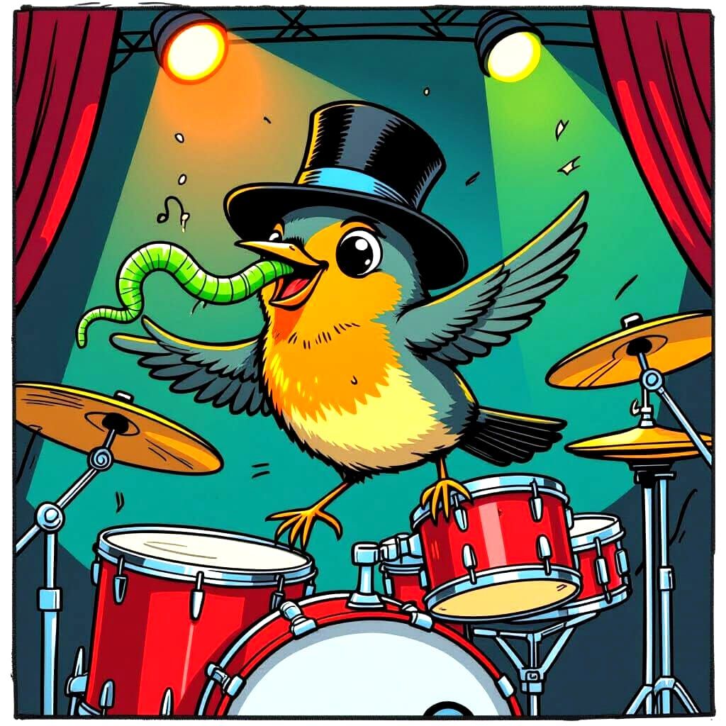 Robin Bird Steals Worm's Drum Solo: Cartoon Art