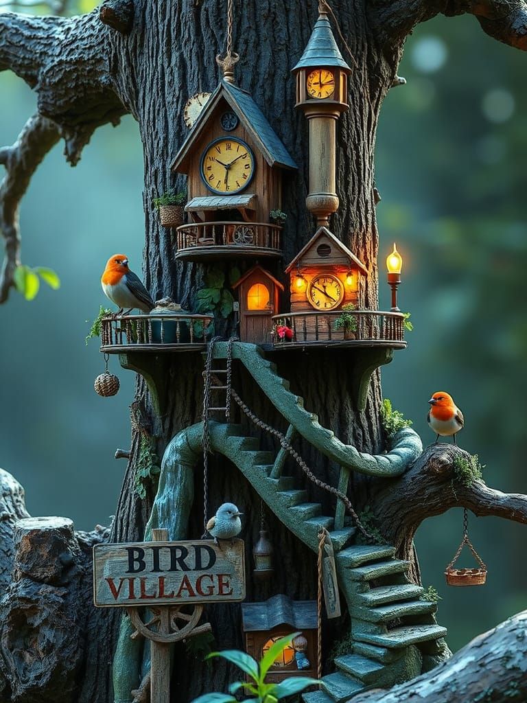 Steampunk Birdhouse Village Fantasy Art