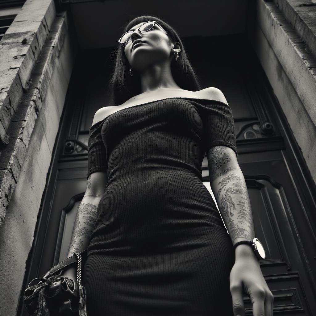 Stylish Woman in Ribbed Dress: Low-Angle Perspective