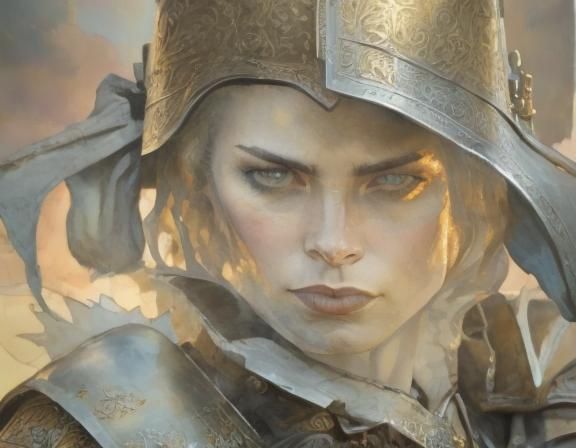 Gothic Knight in Silver Armor on Castle Battlement