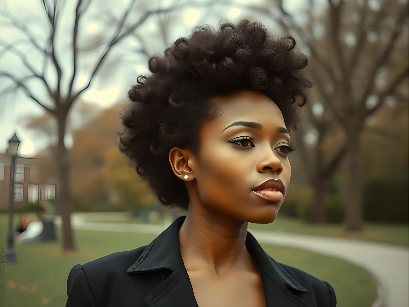 Woman with Afro in Park: Antique Photorealism