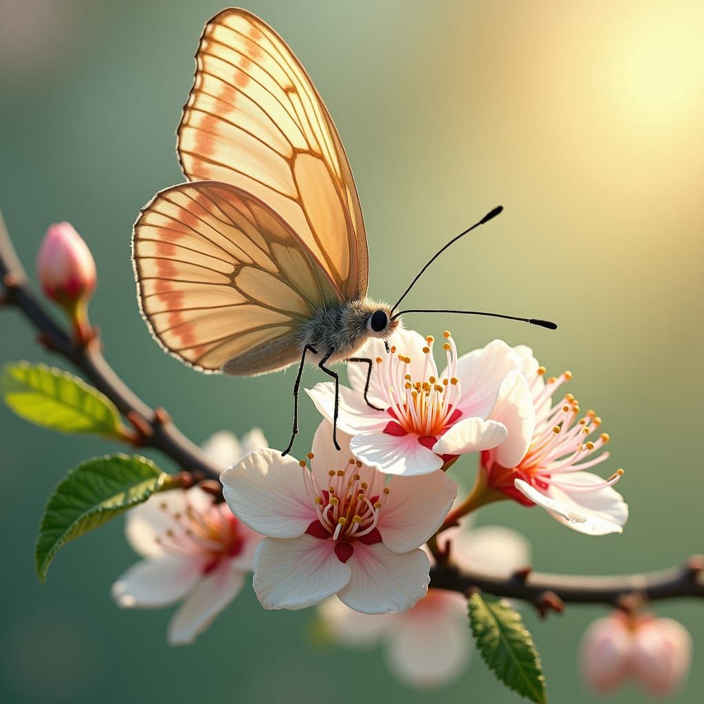 Butterfly on Cherry Branch in Impressionist Style