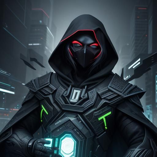 3D graphic of a [Hooded Assassin] with geometric lines in the style of urban emotions. Use transparent layers, subtle co...