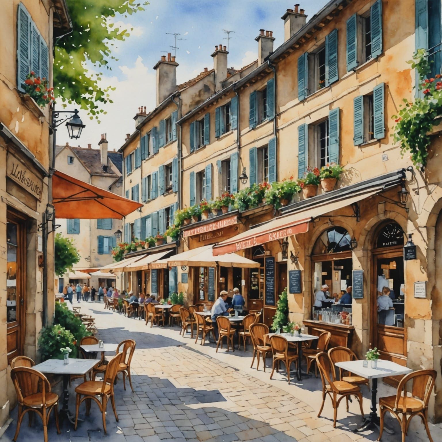 Watercolor Cafe Scene in French Village Square