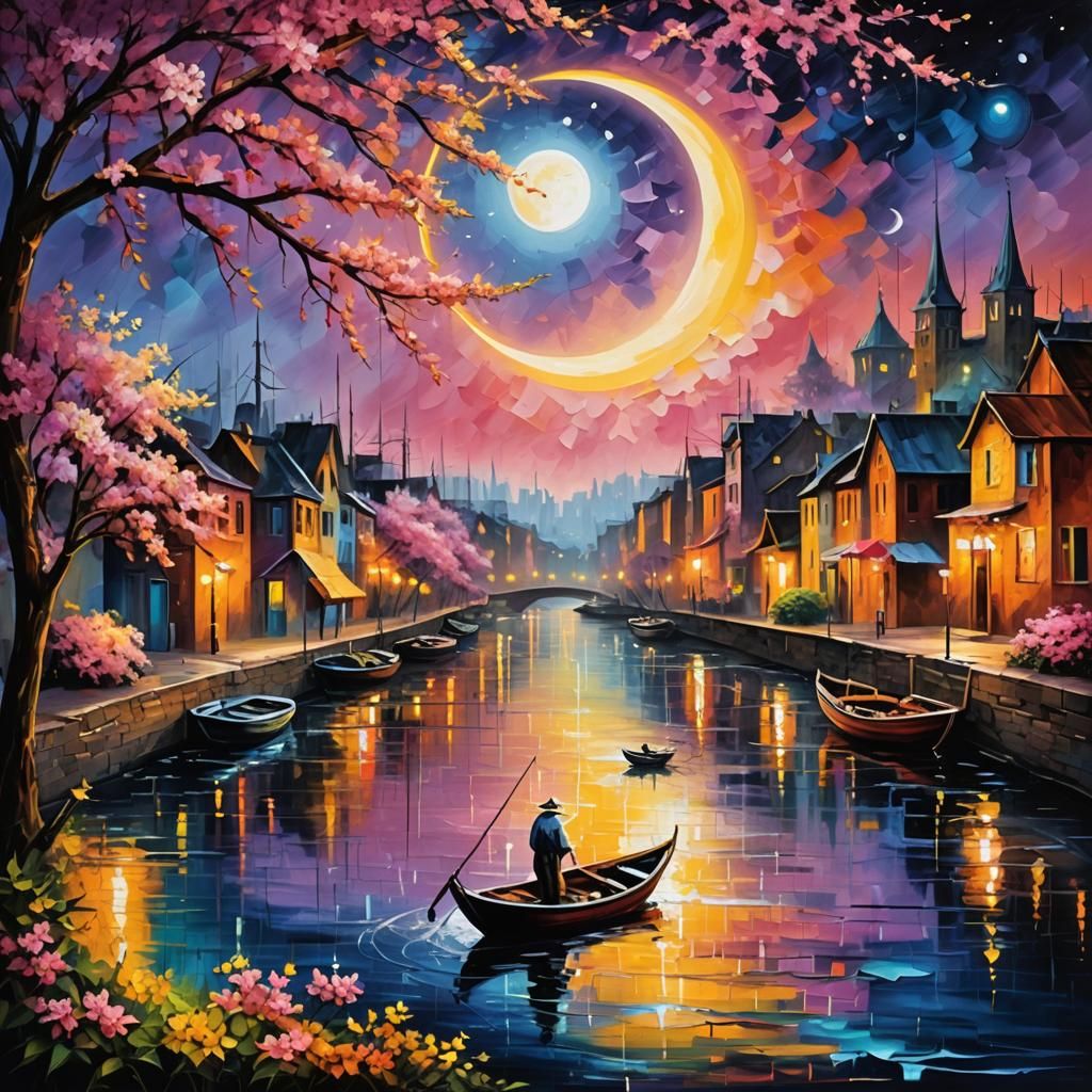 Crescent Moon Melts in Surreal Oil Gouache Painting