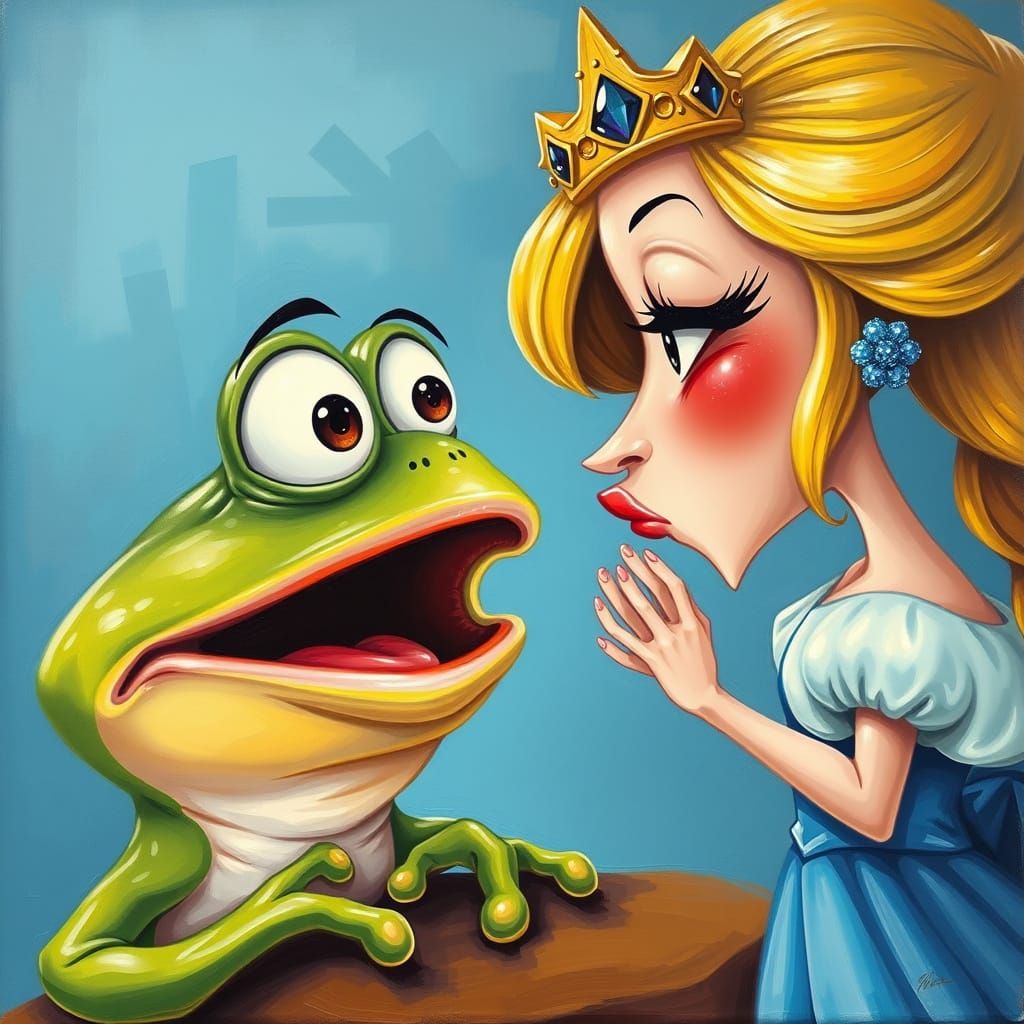 Surprised Cartoon Frog Gets Kissed, Caricature Painting