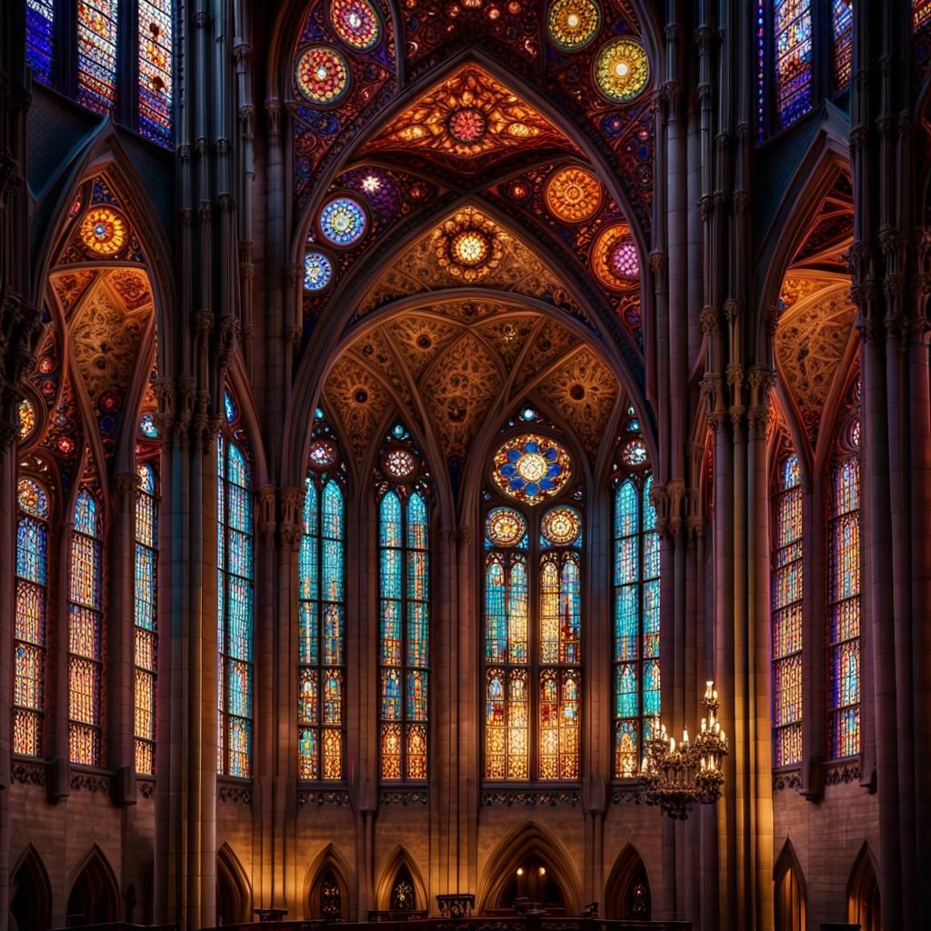 Ornate Gothic Cathedral with Stained Glass