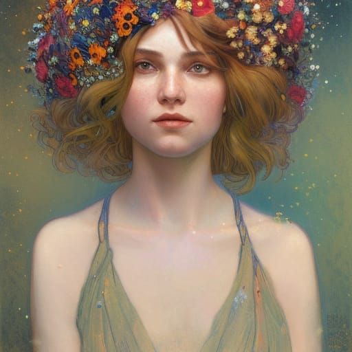 Floral Crown Portrait in Art Nouveau Style