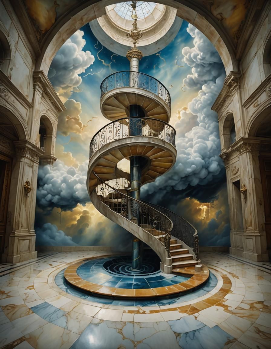Surreal Marble Staircase Ascending into Clouds as Oil Painti...