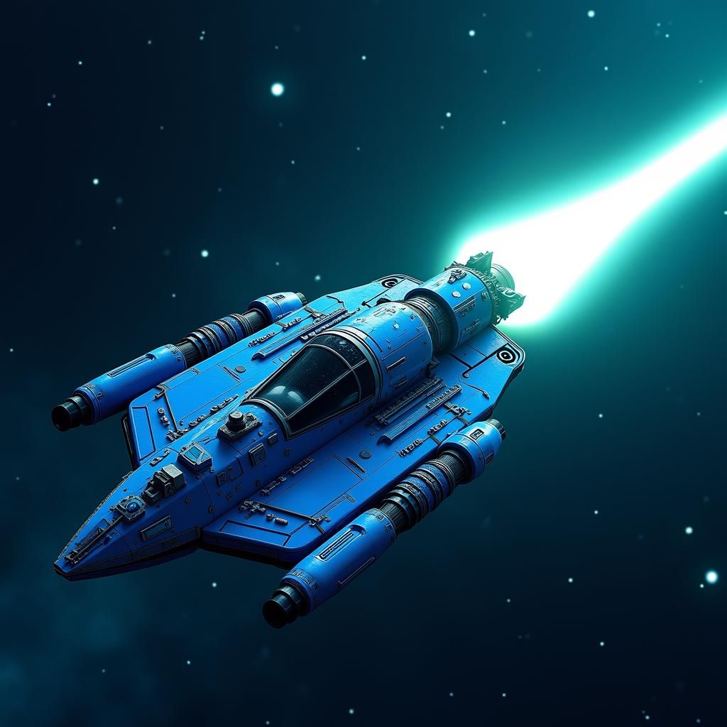 Blue Sci-Fi Spaceship in Deep Space