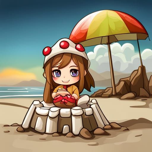 Adorable Chibi Crab and Sandcastle