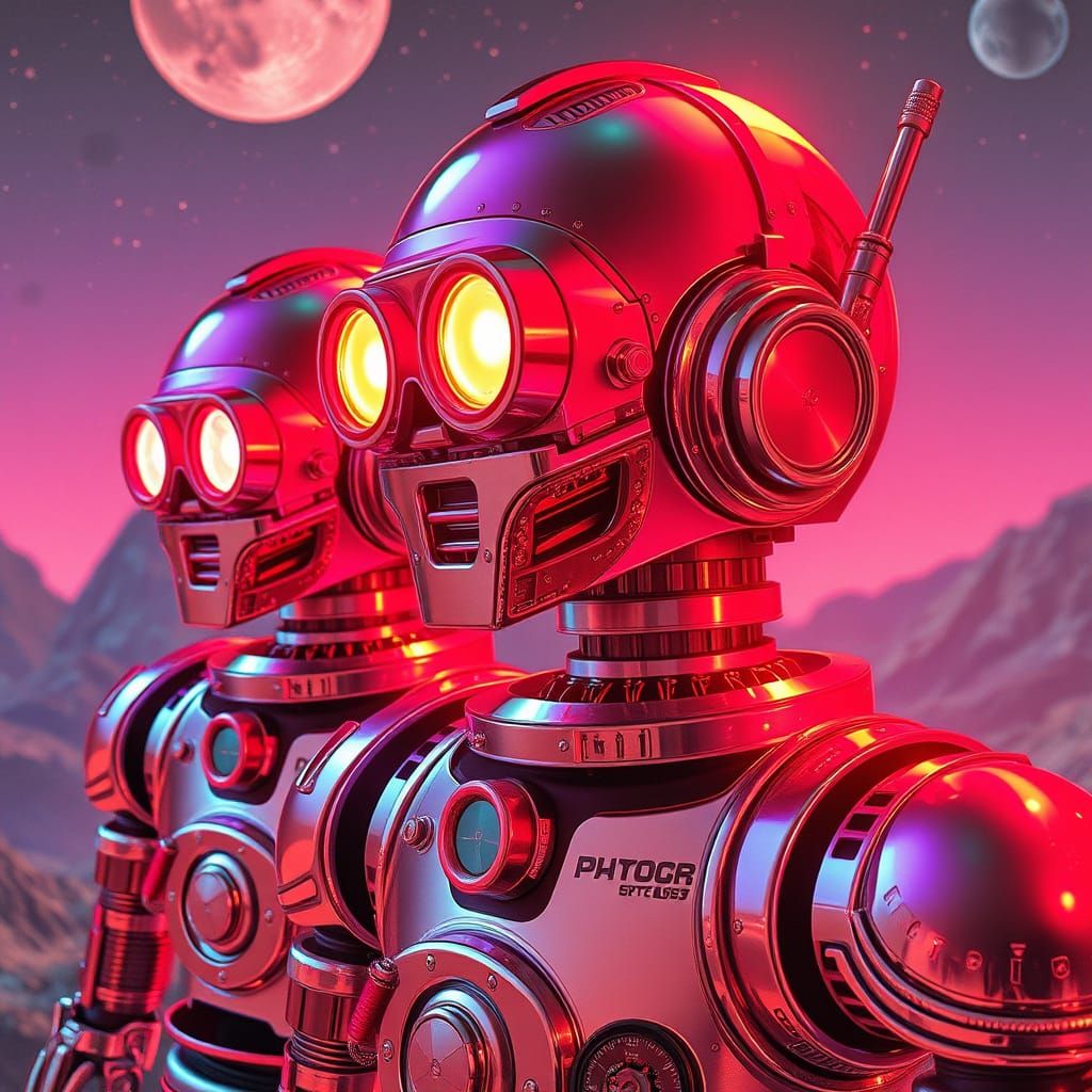 Surreal Retro-Futuristic Robots in a Psychedelic Holographic...