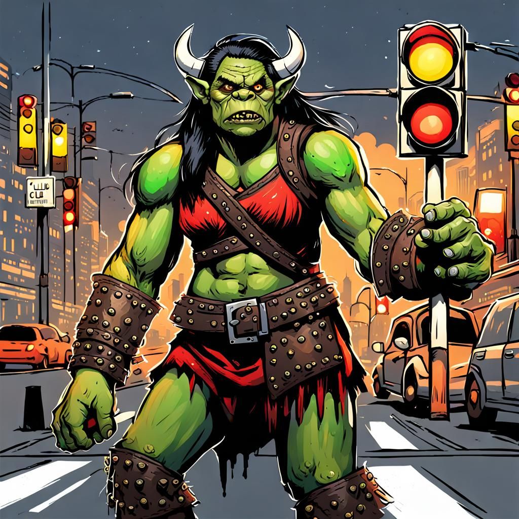 Female Orc Barbarian Wields Traffic Lights