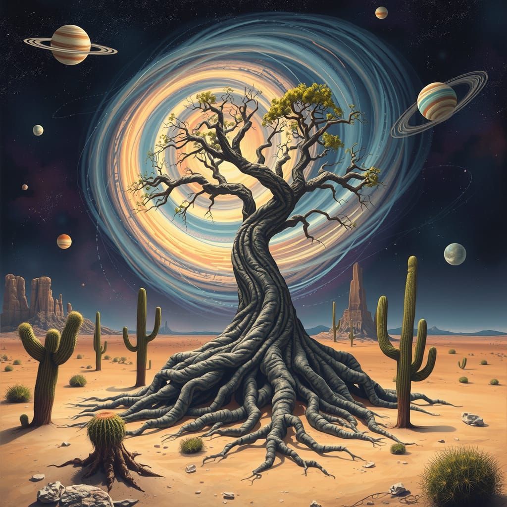 Ethereal Desert Tree in a Swirling Cosmic Landscape