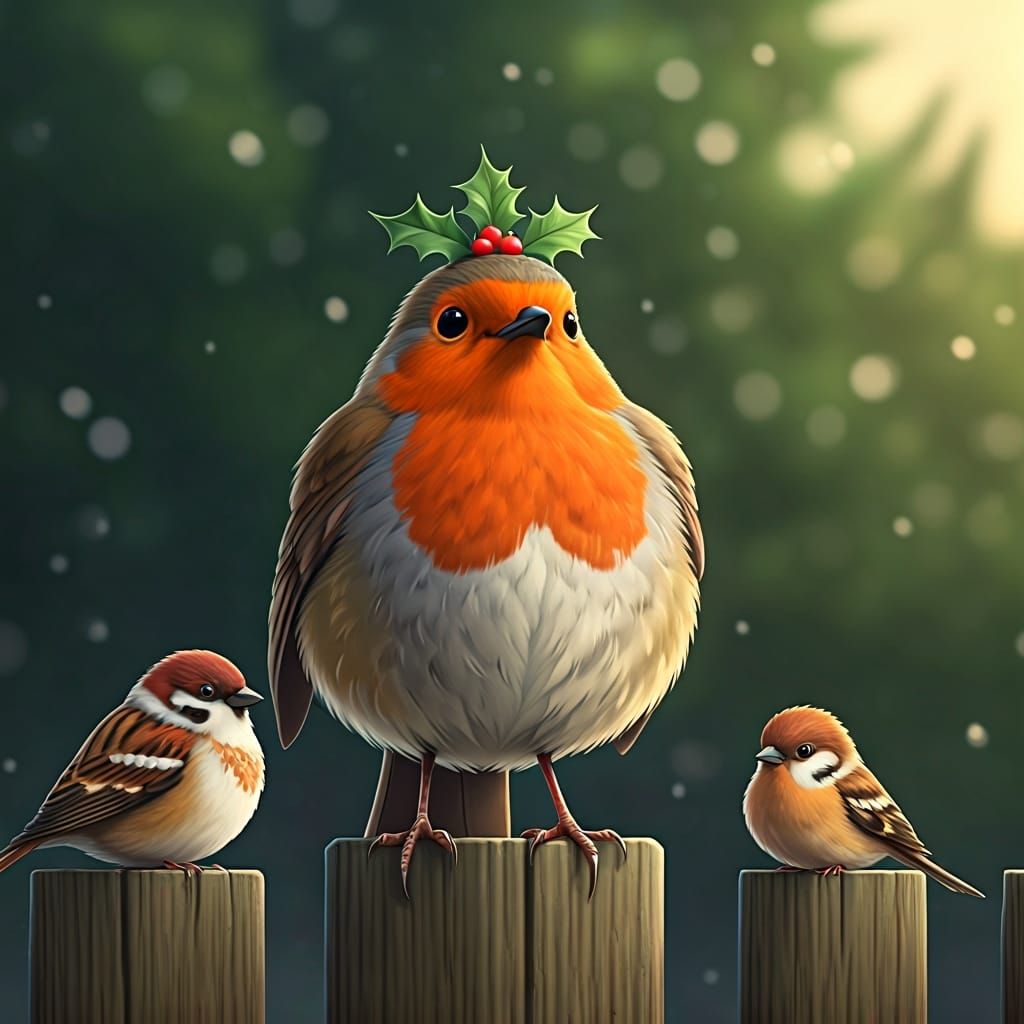 Proud Robin with Holly Crown in Ghibli Style