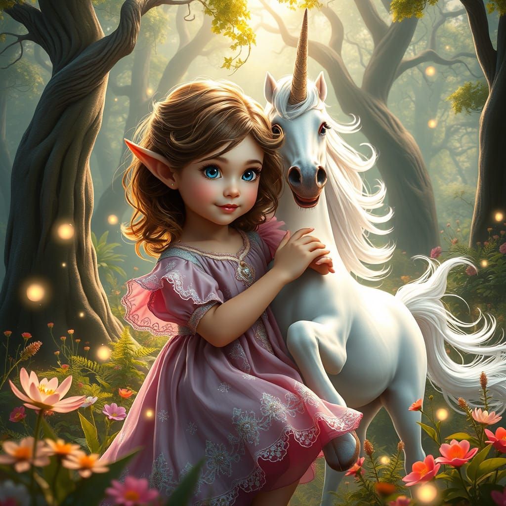 Elf Girl and Unicorn Friend in Whimsical Forest Escapade