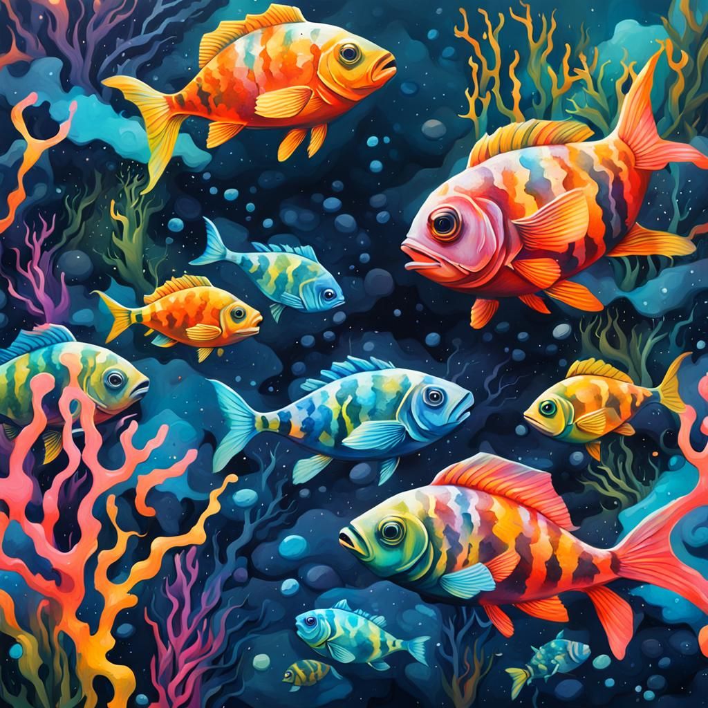 Colorful Fish Swim Through Coral Graffiti Art