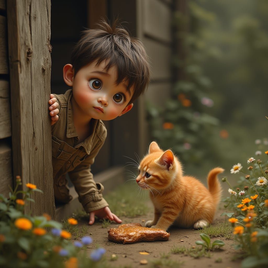 Boy Watches Cat Eat Chicken in Surreal Artwork