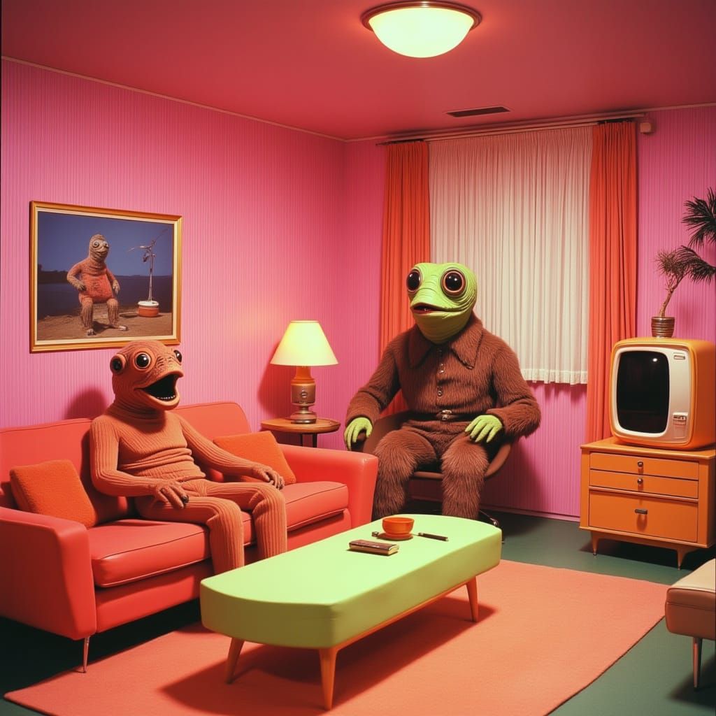 Surreal Scene in Retro Living Room with 70s Style Creature