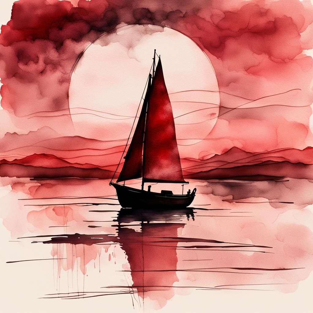 Minimalist Ink Sketch of Sailing Boat at Sunset
