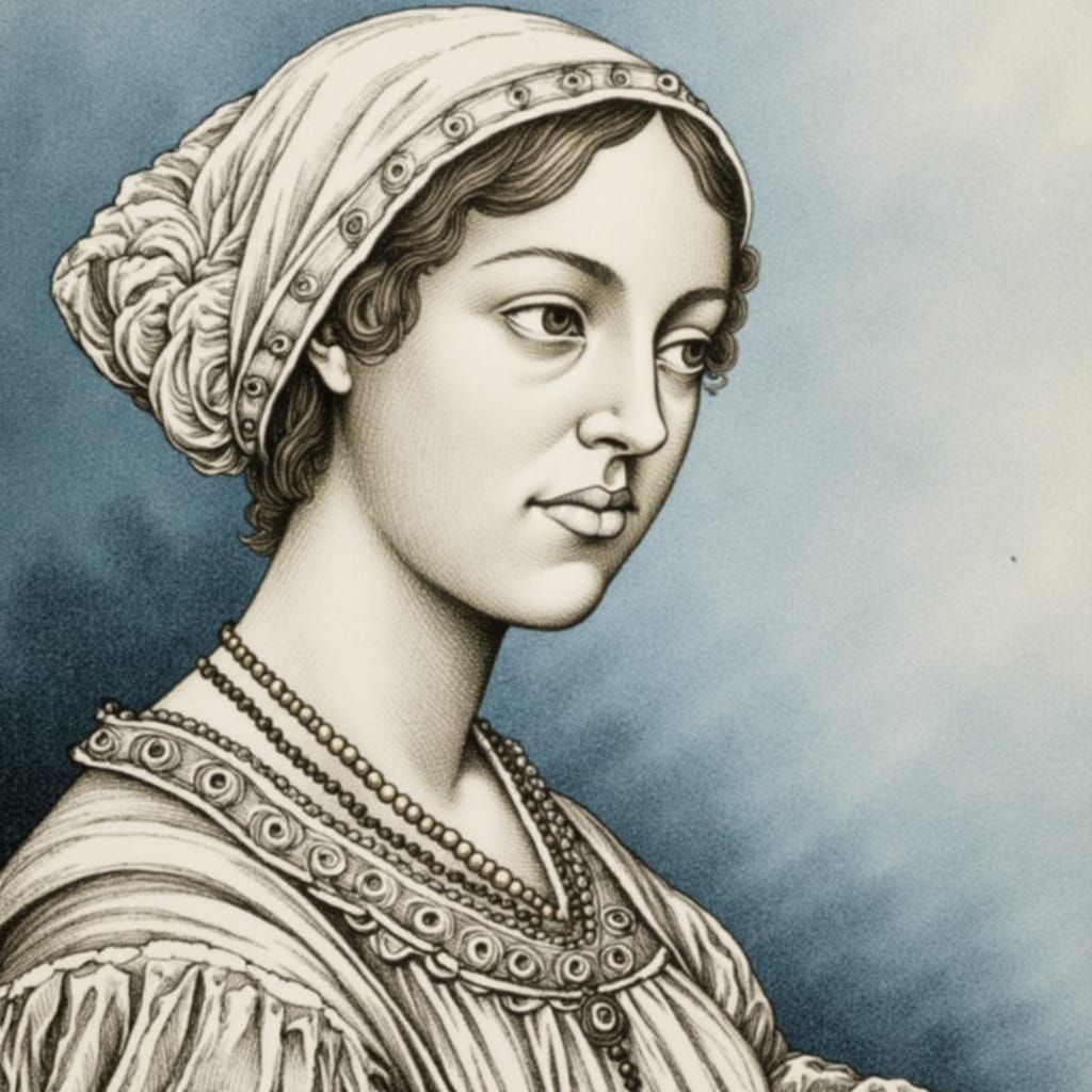 Ethereal Renaissance Woman in Durer-Inspired Woodcut Style