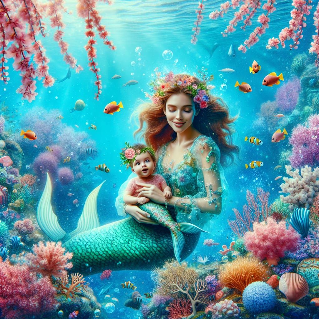 Enchanting Mermaid and Baby in Coral Reef