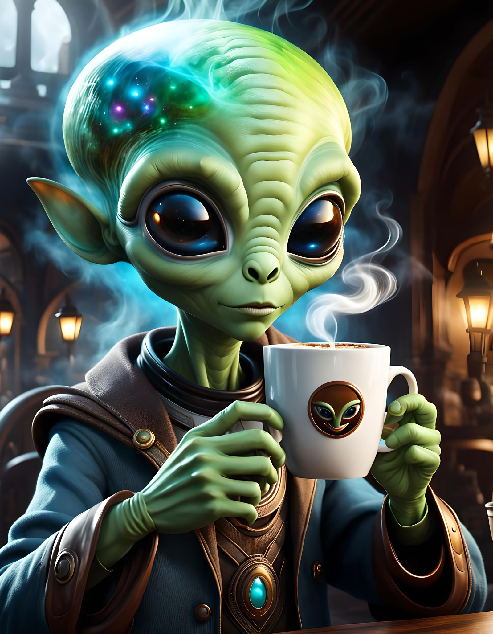 Cute Alien Enjoys Coffee in Mystical Setting