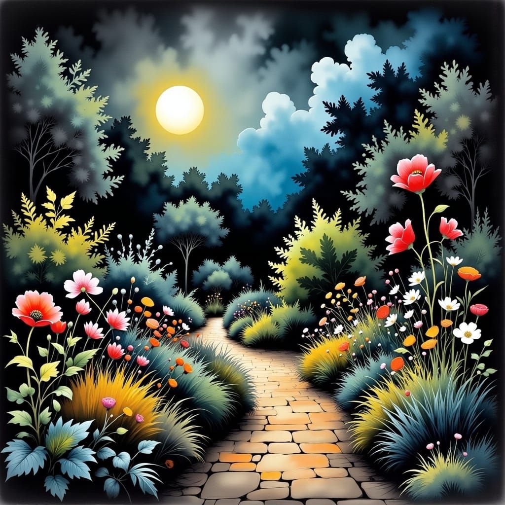 English Garden at Night in Charcoal Ink Style