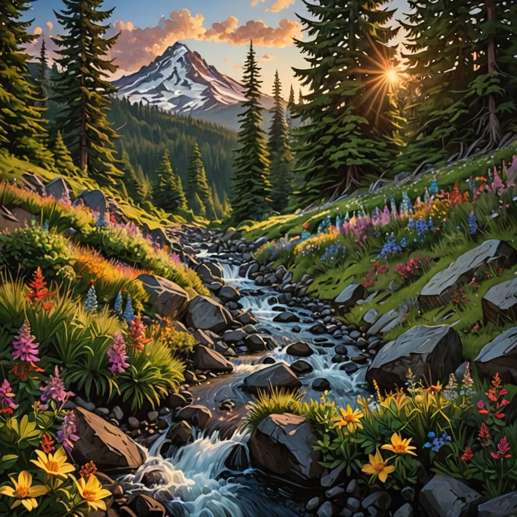 Mount Hood: Rocky Stream, Fir Forest, Wildflowers