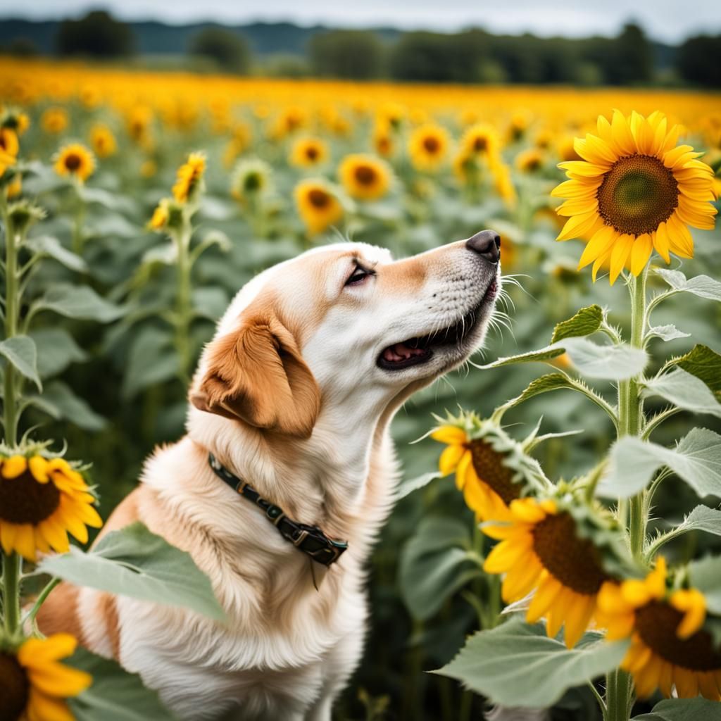 Dog Sniffing Sunflower in Sunny Field