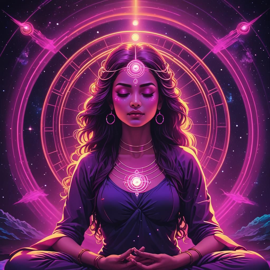 Cosmic Woman in Yoga Position: Synthwave Illumination