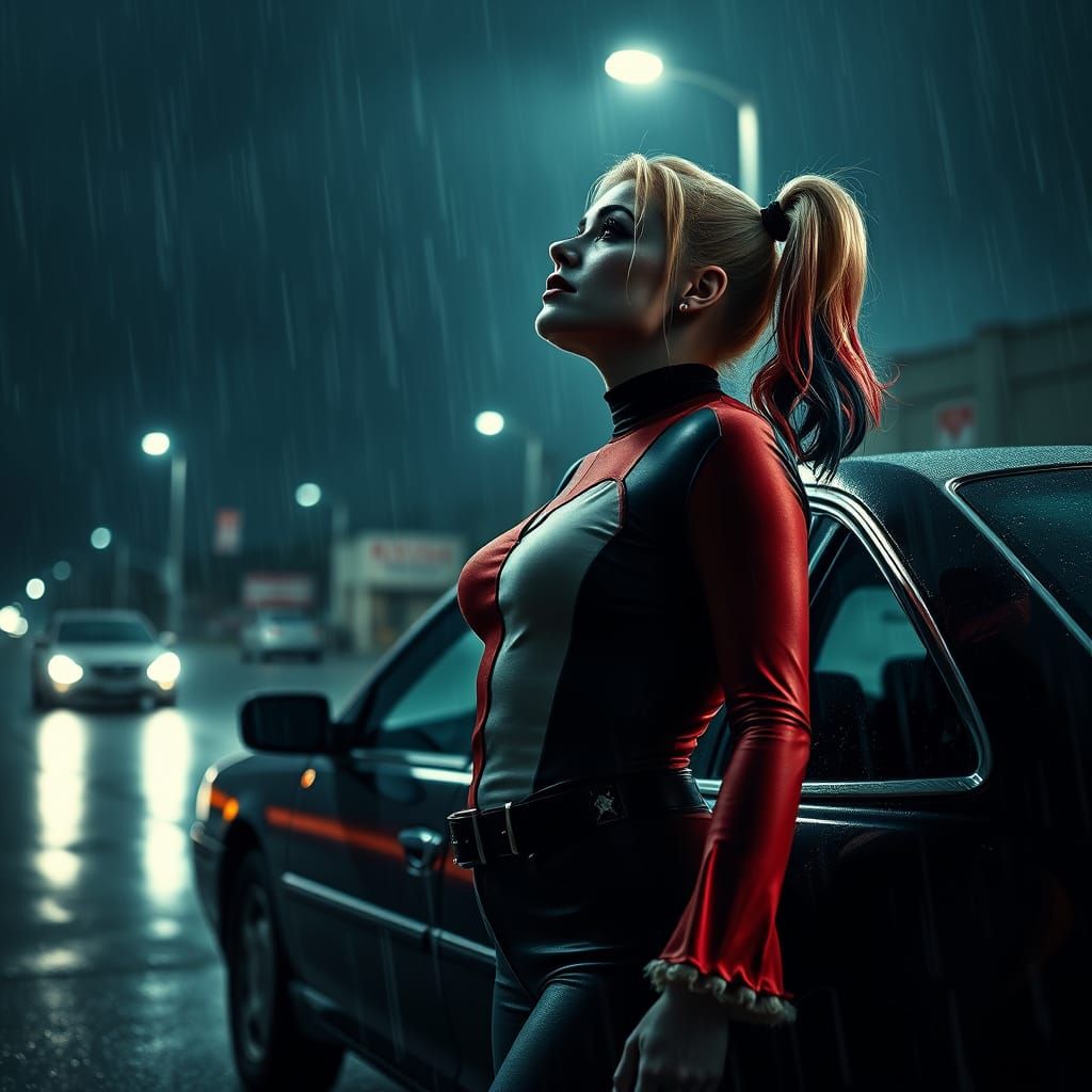 Harley Quinn in Rain, Dark Fantasy Style