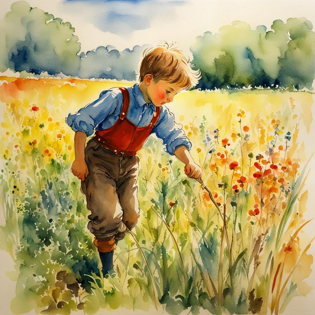 Magical Boy in Field: Watercolor and Ink Sketch