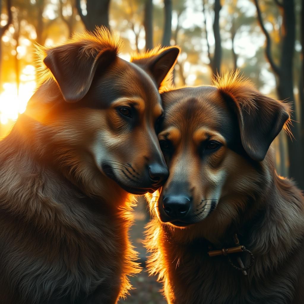 Affectionate Dogs in Golden Hour: Fantasy Concept Art