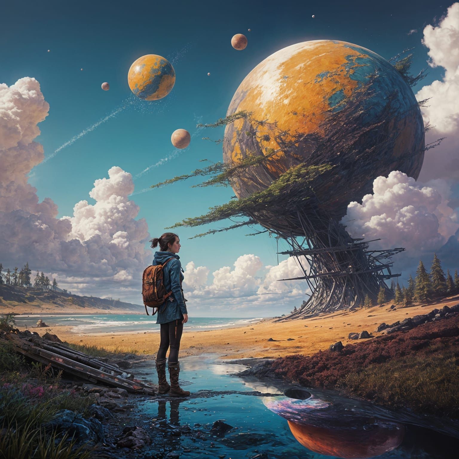 Girl Paints Celestial Planet in Vibrant, Hyperrealistic Styl...