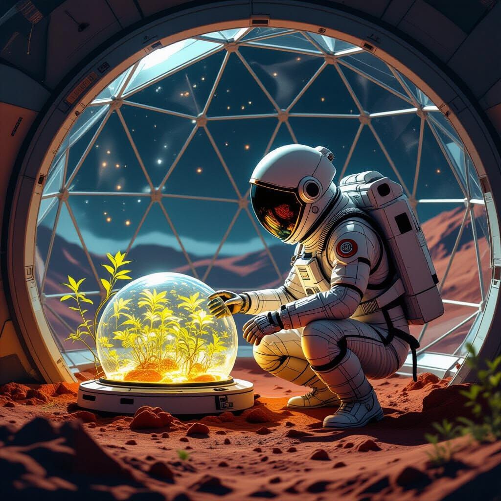 Explorer Tends Glowing Mars Bio-Lab in Retro Sci-Fi Style