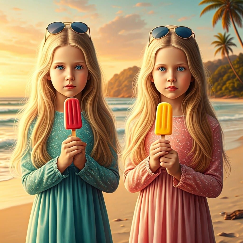 Whimsical Beach Scene with Two Blonde Girls and Palm Trees a...
