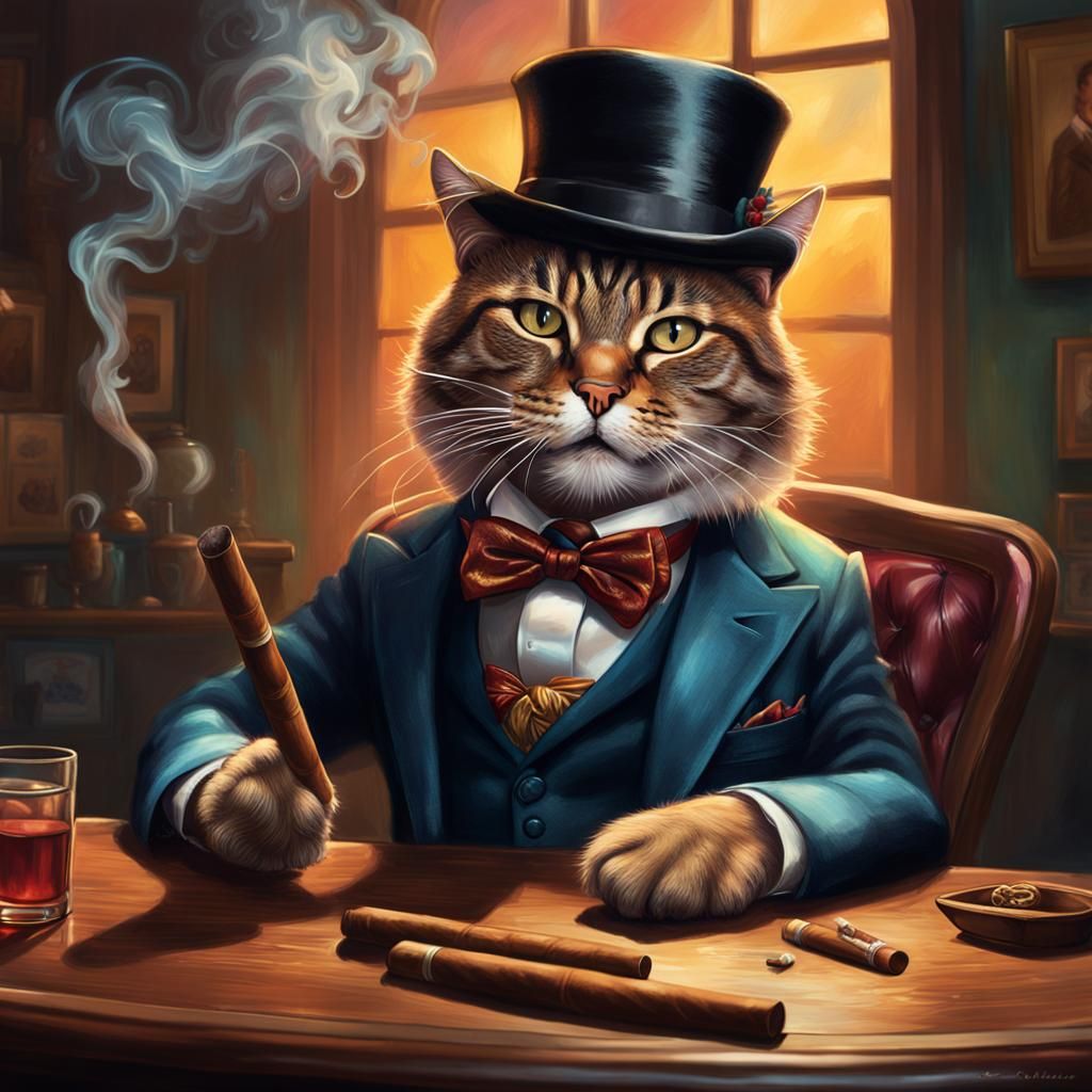 Anthropomorphic Tabby Cat Smoking Cigar in Sartorial Suit