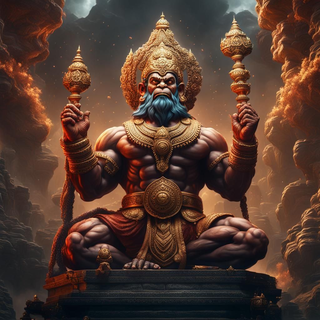 Muscular Man Praying to Giant Hanuman Statue