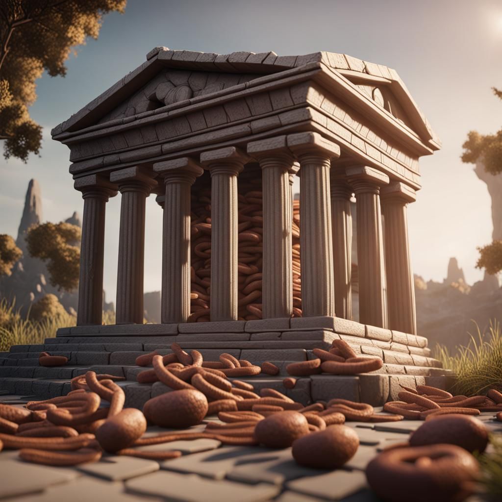 Worms Devouring a Miniature Greek Temple Model
