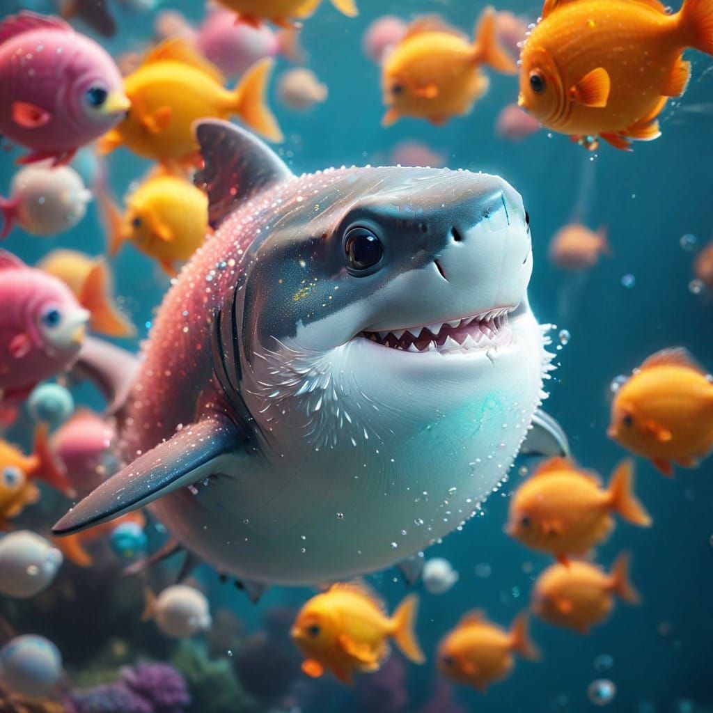 Dreamy Underwater Scene with Whimsical Shark and Fish